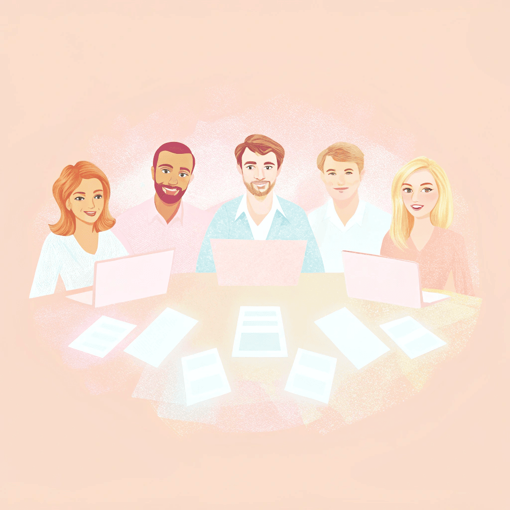 people sitting around a table working on laptops
